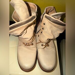 A.S. 98 Cream Lace-Up Leather Boots with Zipper Detail